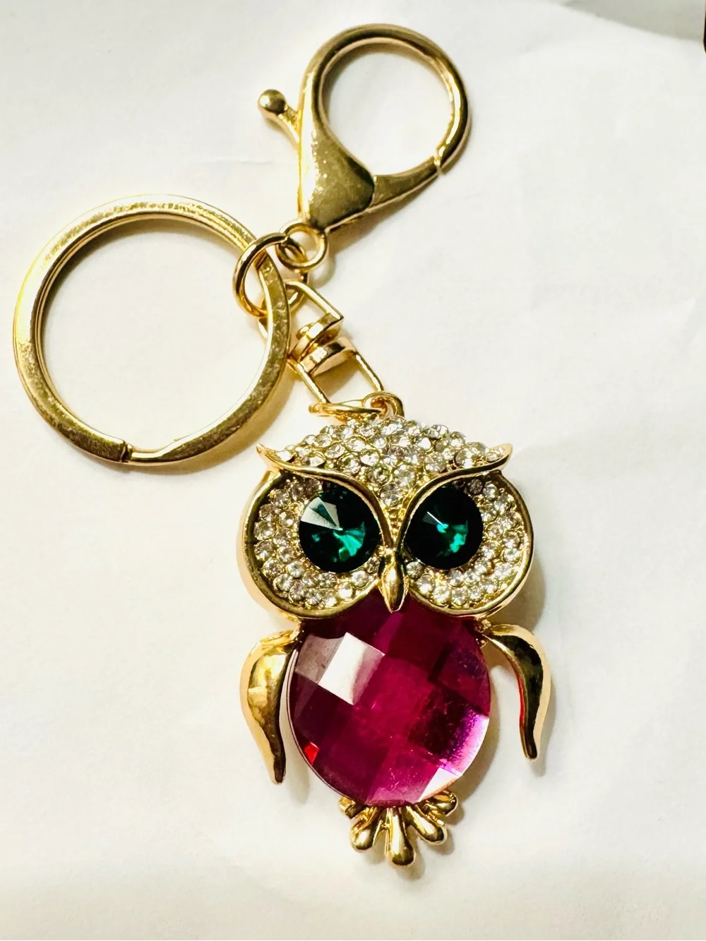 Crystal Owl Keychain with Pink Gem and Green Eyes gold tone bag charm NEW - Picture 4 of 5